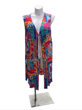 Vintage C.M. Shapes 1X Vibrant Floral Multicolor Sleeveless Kimono